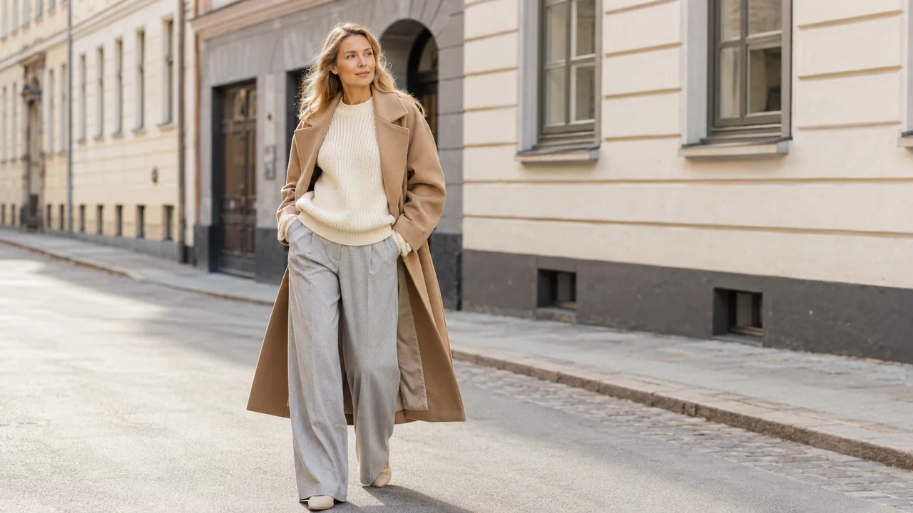 Femme portant un pull Stockholm style en maille crème avec pantalon large gris et manteau camel dans une tenue scandinave chic.