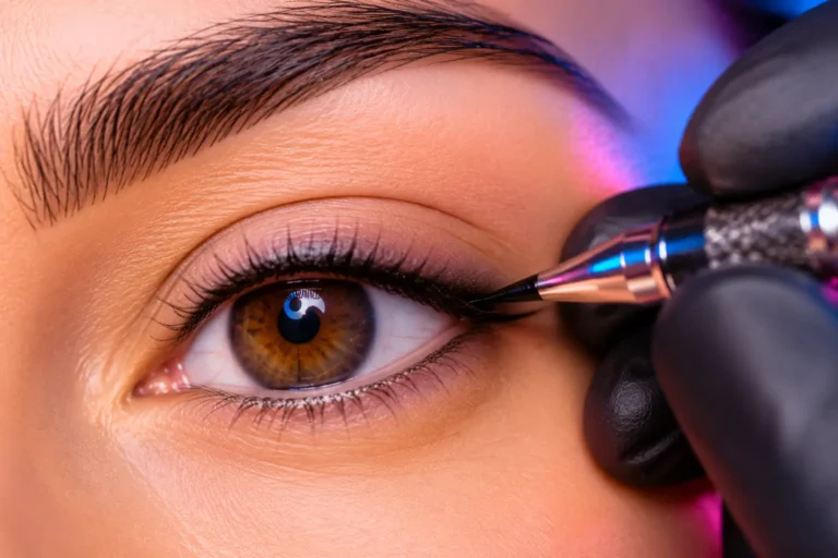 Réalisation d’un ras de cil permanent avec dermopigmentation discrète au niveau de la ligne des cils