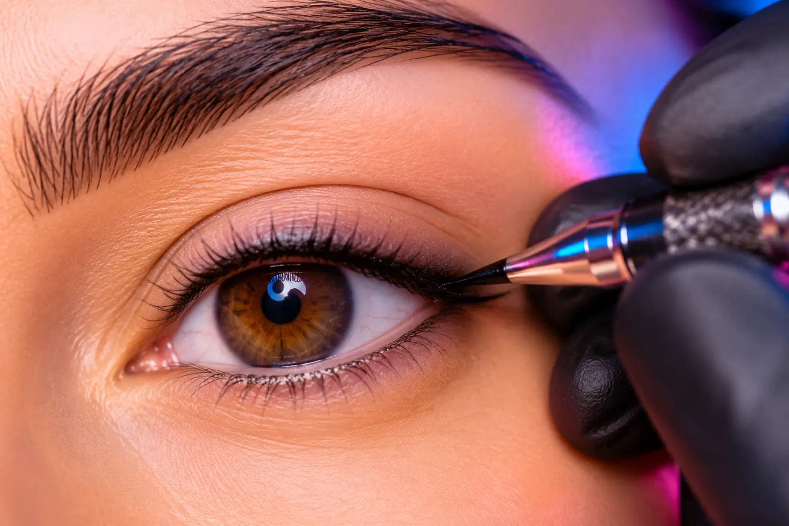 Réalisation d’un ras de cil permanent avec dermopigmentation discrète au niveau de la ligne des cils