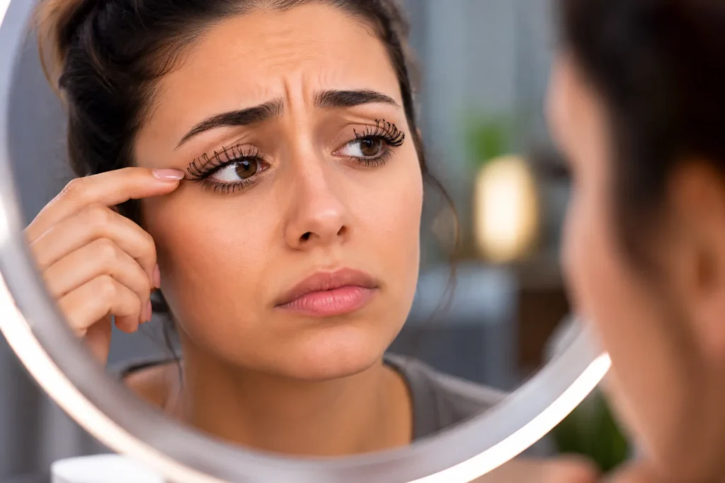 Femme observant un rehaussement de cils raté devant un miroir avec des cils trop courbés et irréguliers