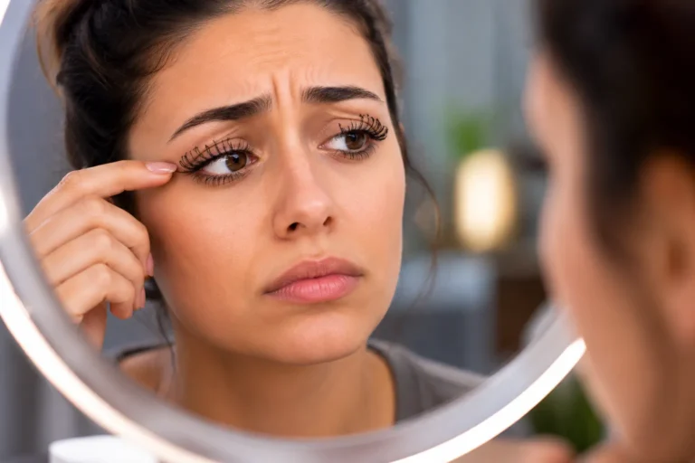 Femme observant un rehaussement de cils raté devant un miroir avec des cils trop courbés et irréguliers