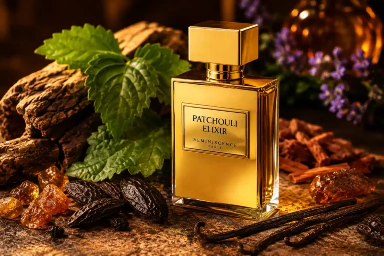 Flacon de parfum Reminiscence Patchouli Elixir entouré de notes de patchouli, vanille et fève tonka dans une ambiance chaude et luxueuse.
