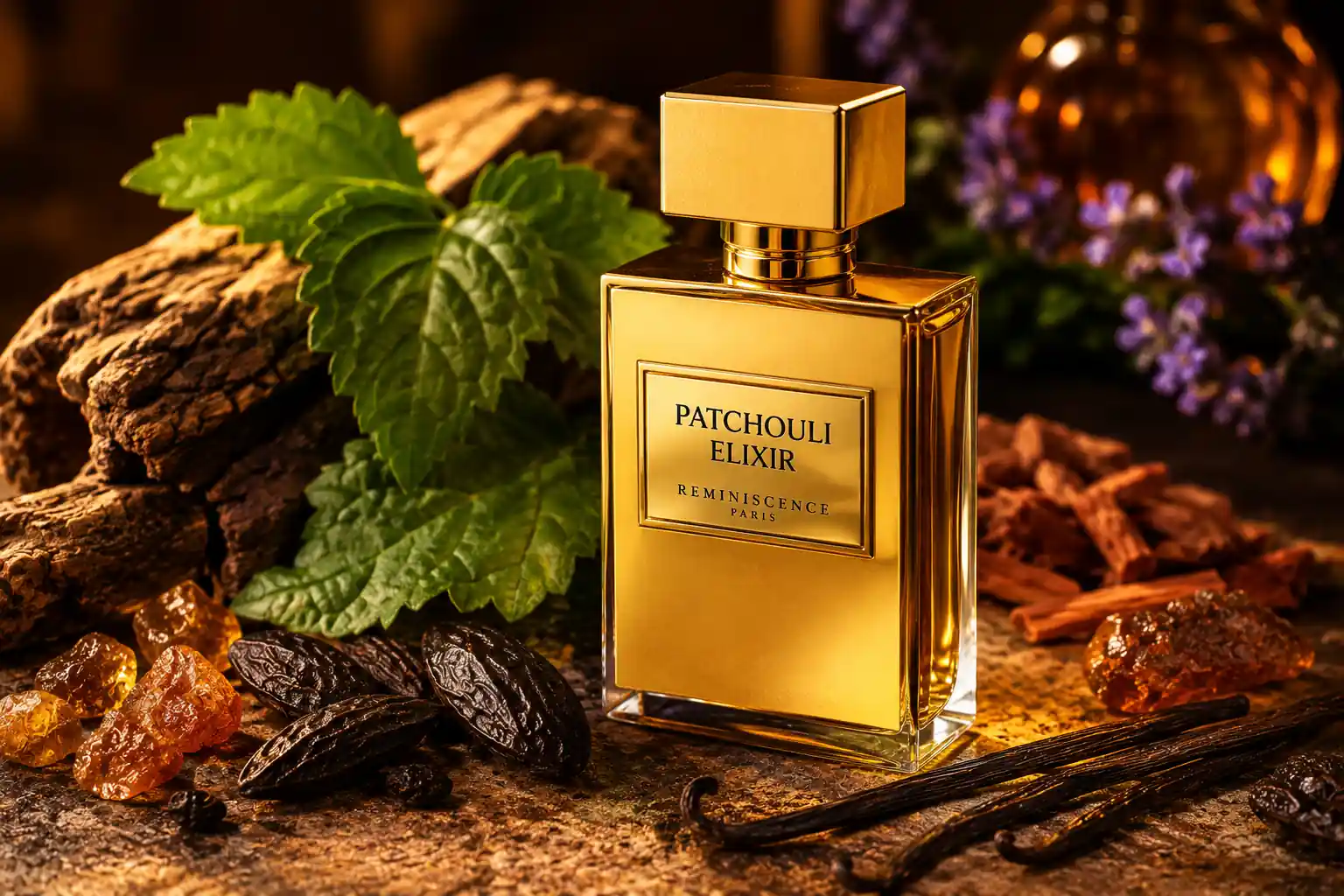 Flacon de parfum Reminiscence Patchouli Elixir entouré de notes de patchouli, vanille et fève tonka dans une ambiance chaude et luxueuse.
