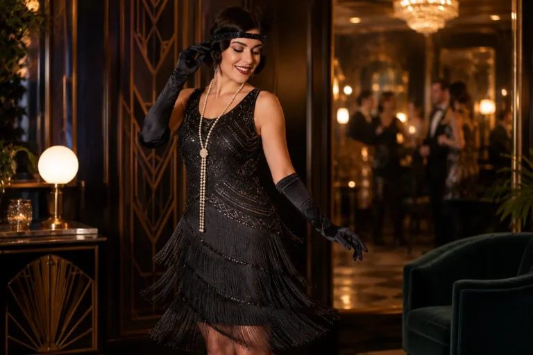 Femme portant une robe style année 20 à franges dans une ambiance Art déco inspirée des années folles avec une élégance Gatsby authentique.