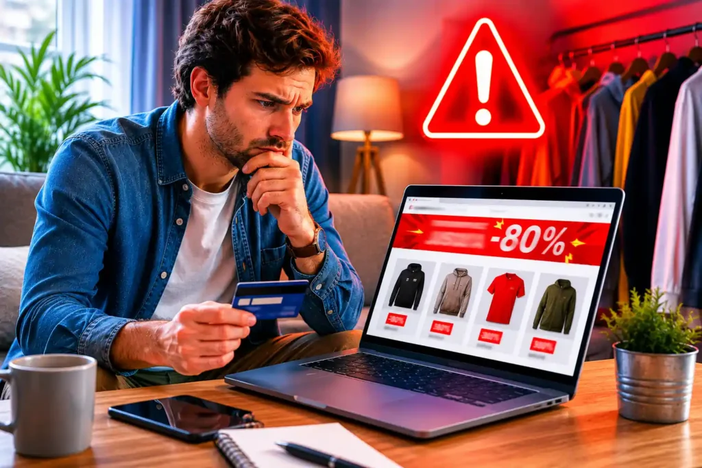 Homme vérifiant un site de vente de vêtements en ligne avec prudence sur ordinateur portable, ambiance colorée et vigilance face à une potentielle arnaque.