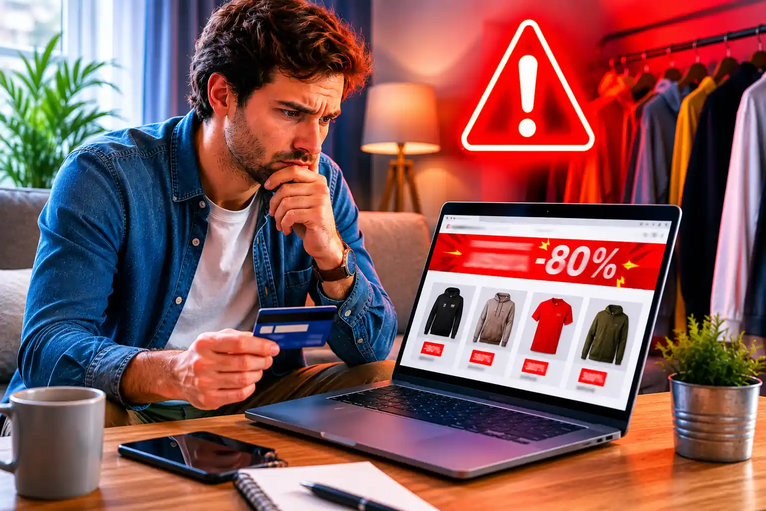 Homme vérifiant un site de vente de vêtements en ligne avec prudence sur ordinateur portable, ambiance colorée et vigilance face à une potentielle arnaque.