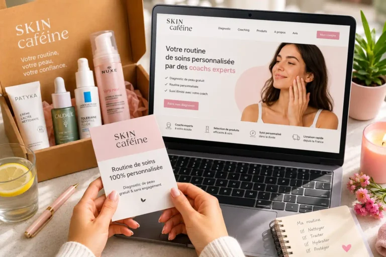 Routine skincare personnalisée avec produits de soin, ordinateur et diagnostic de peau dans une ambiance lumineuse illustrant Skin Caféine Avis 2026.
