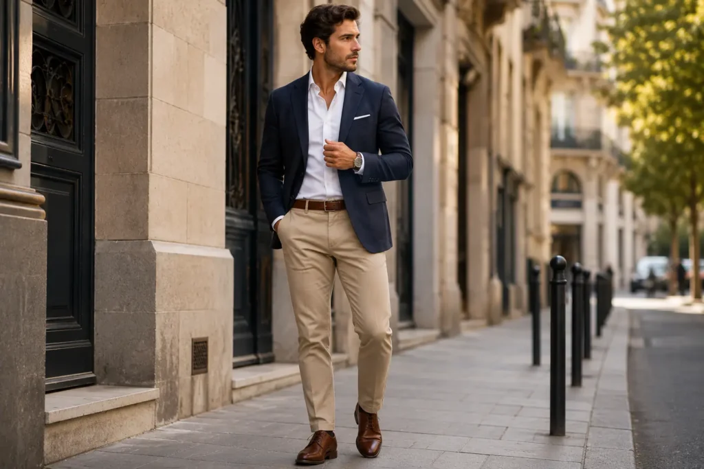 Homme élégant portant une chemise blanche, un blazer marine et un pantalon chino beige dans un style vestimentaire classe et intemporel.