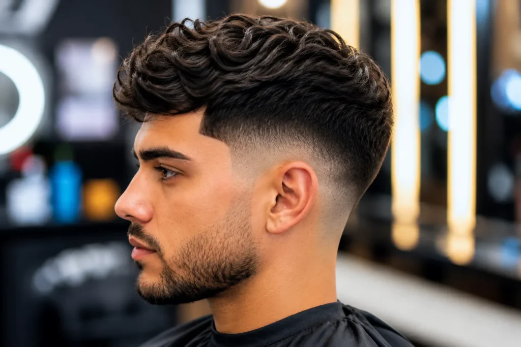 Homme avec un taper bas coiffure et dégradé discret sur les côtés dans un salon de coiffure moderne