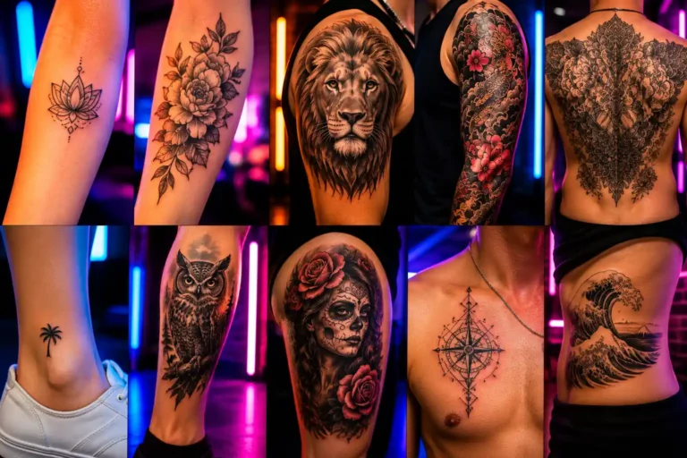 Exemples de tatouages de différentes tailles et styles illustrant les tarifs des tatouages selon la complexité du projet