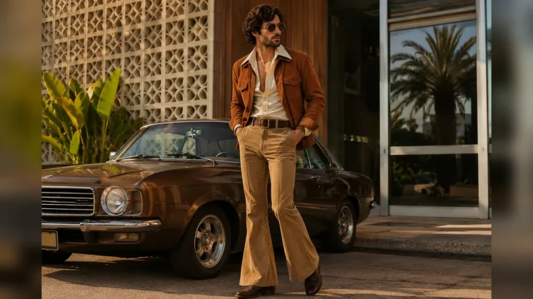 Homme portant une tenue année 70 homme chic avec veste en daim camel, pantalon pattes d’éléphant et style seventies élégant devant une voiture vintage.