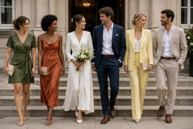 Groupe d’hommes et de femmes élégamment habillés quittant une mairie après un mariage civil, avec tenues chic et modernes adaptées à une cérémonie de mariage à la mairie.