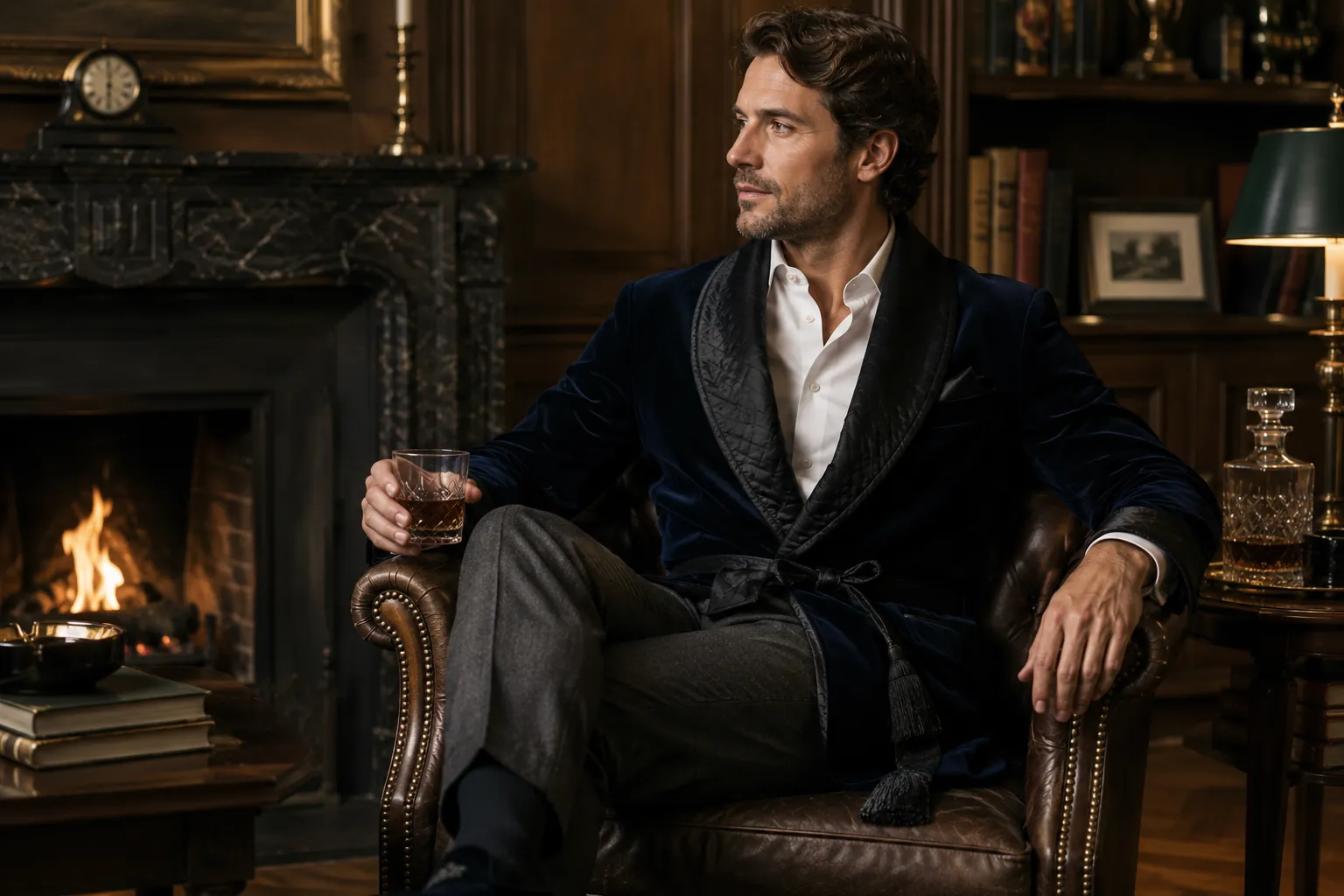 Homme portant une veste d’intérieur style anglais en velours avec col châle, assis dans un salon élégant de style gentleman britannique.