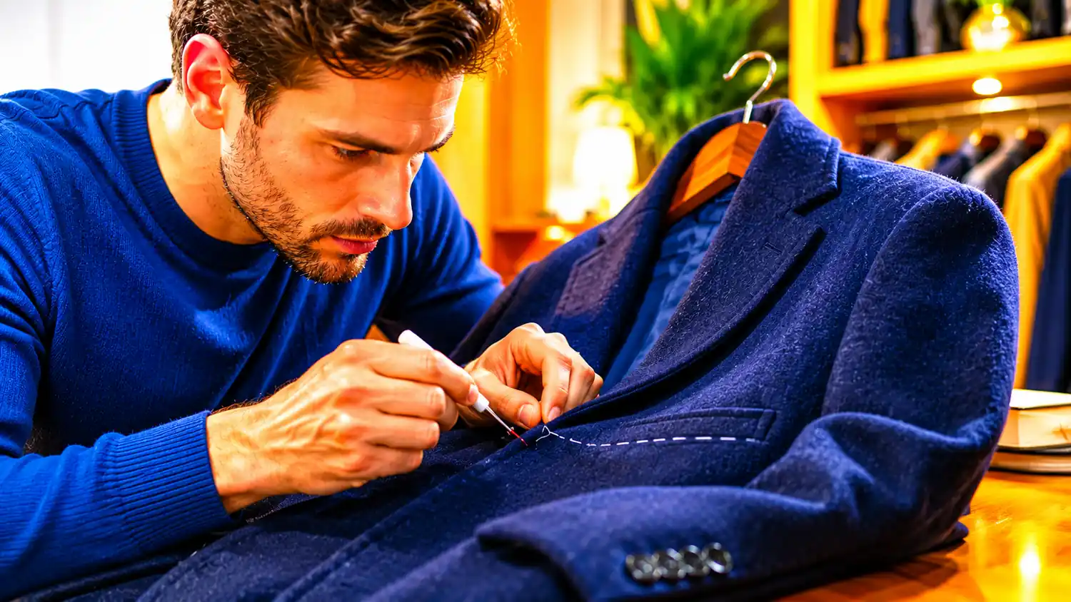 Homme utilisant un découd-vite pour ouvrir les poches cousues d'un manteau neuf avec précision.