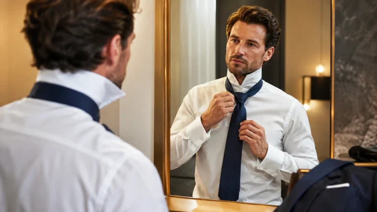Homme élégant réalisant un nœud de cravate devant un miroir dans un intérieur haut de gamme.