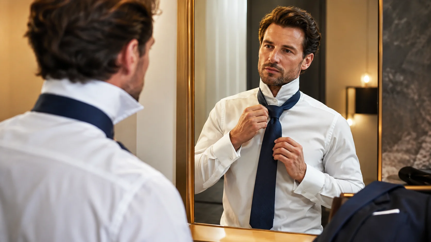 Homme élégant réalisant un nœud de cravate devant un miroir dans un intérieur haut de gamme.