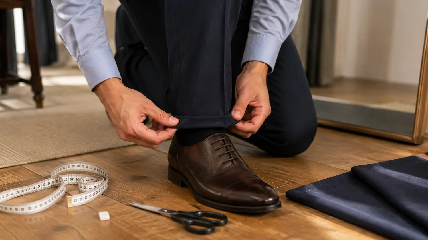 Personne ajustant un ourlet pantalon à la bonne longueur avant la couture avec des chaussures de ville.