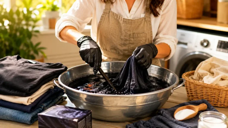 Personne réalisant une teinture vêtement à la main dans un bain de teinture pour raviver la couleur d'un textile.