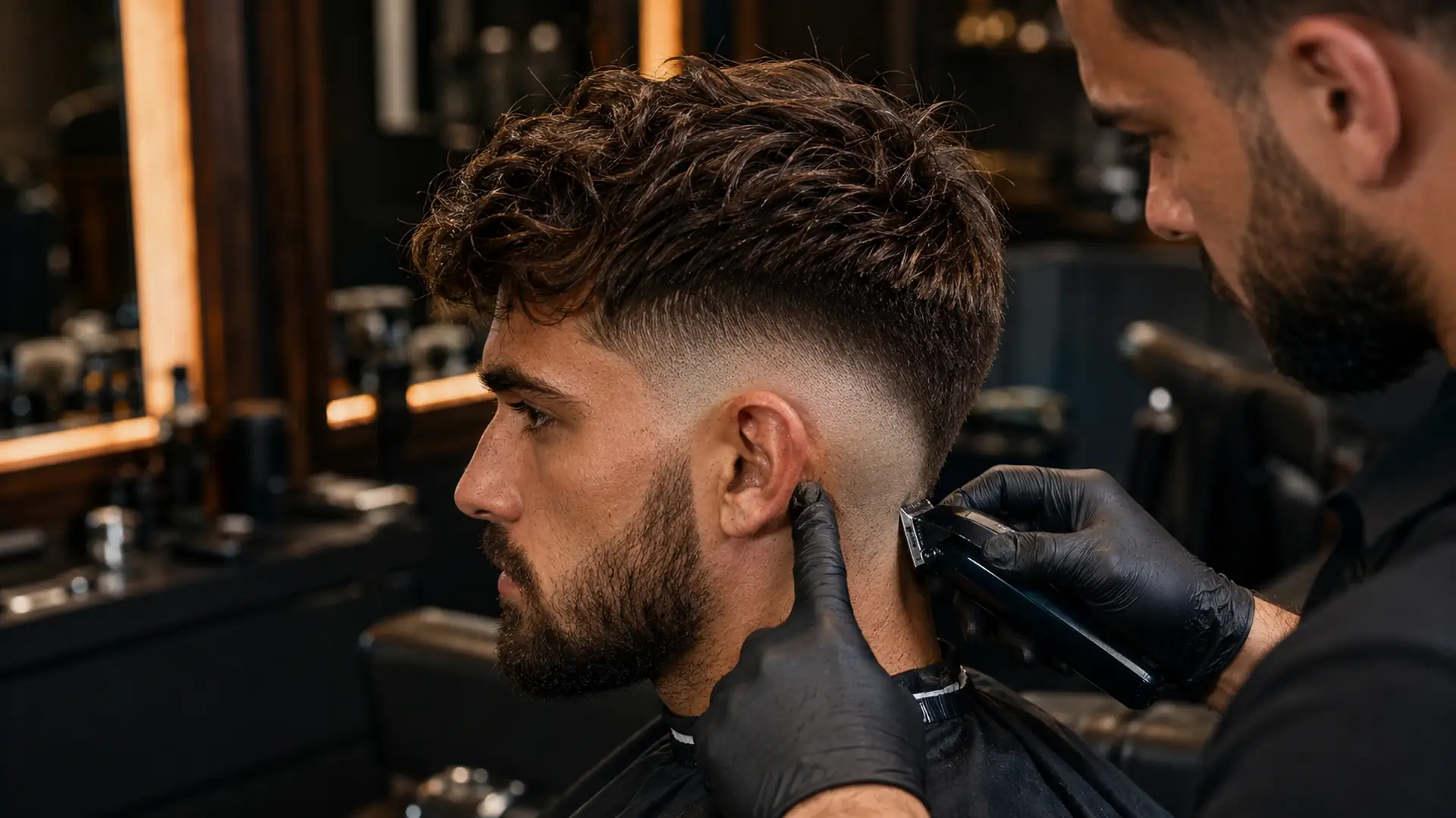 Barbier réalisant un burst fade avec un dégradé circulaire précis autour de l’oreille.