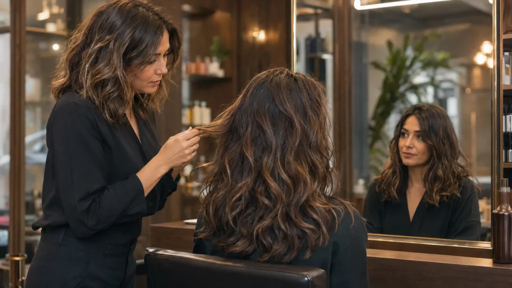 Coiffeuse examinant une coupe à l’espagnol mi-longue et ondulée dans un salon de coiffure.