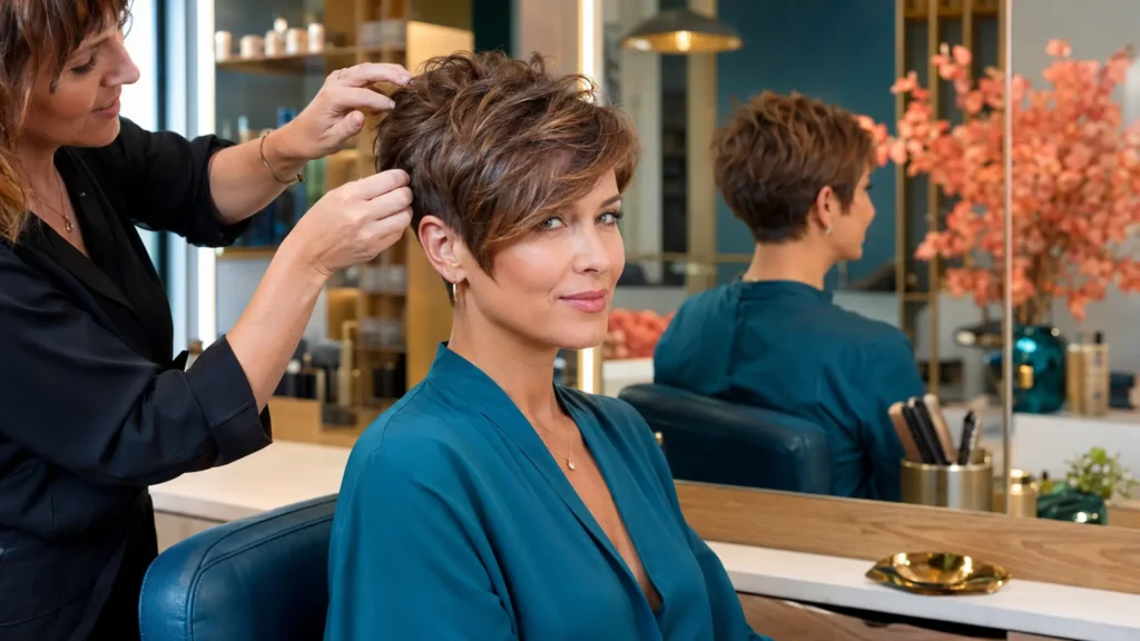 Femme avec une coupe courte moderne et stylée de type pixie texturé dans un salon de coiffure.