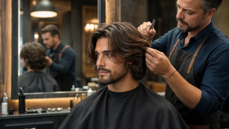 Coiffeur ajustant une coupe homme mi-long avec raie au milieu et cheveux ondulés.