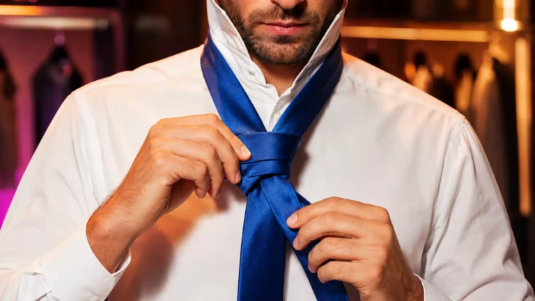Homme réalisant un double nœud de cravate bleu électrique sur une chemise blanche.