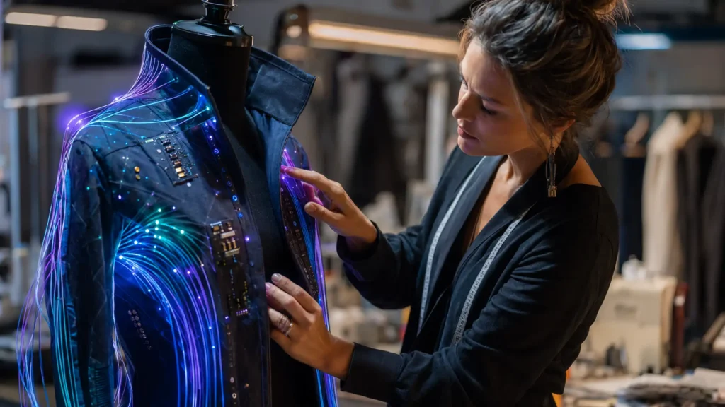 Créatrice examinant un vêtement connecté lumineux illustrant l’electronic fashion.