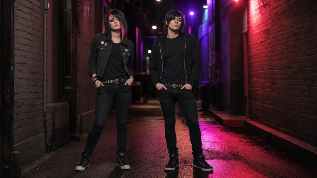 Femme et homme portant un emo fashion style noir avec franges asymétriques et accessoires cloutés.
