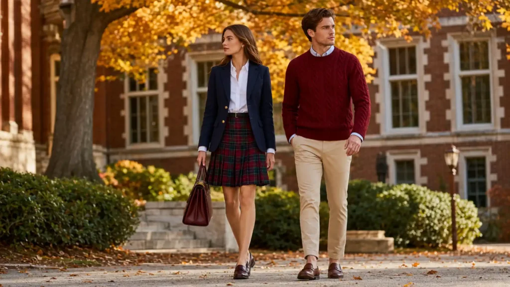 Femme et homme adultes portant un fashion style preppy élégant sur un campus aux couleurs automnales.