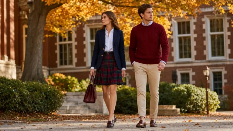Femme et homme adultes portant un fashion style preppy élégant sur un campus aux couleurs automnales.