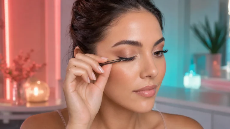 Femme appliquant délicatement des faux cils avec une pince.