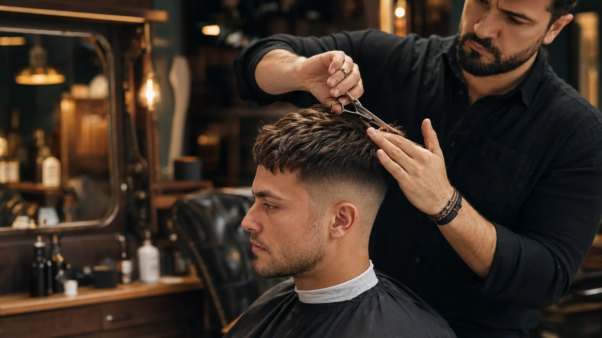 Barbier réalisant une French crop avec côtés dégradés, dessus texturé et frange courte.
