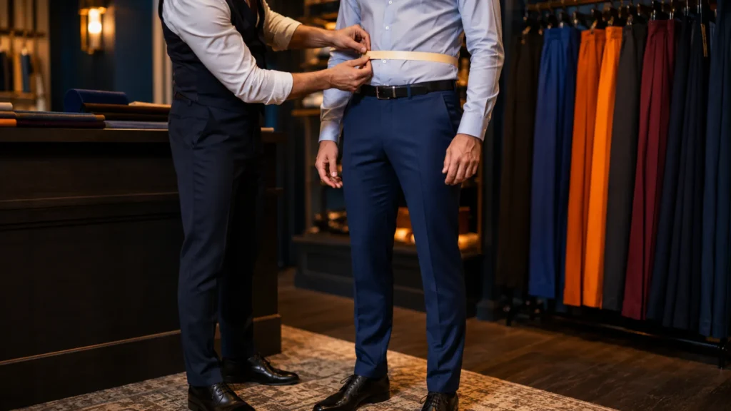 Tailleur mesurant la taille d’un homme portant un pantalon élégant pour illustrer un guide des tailles pantalon homme.