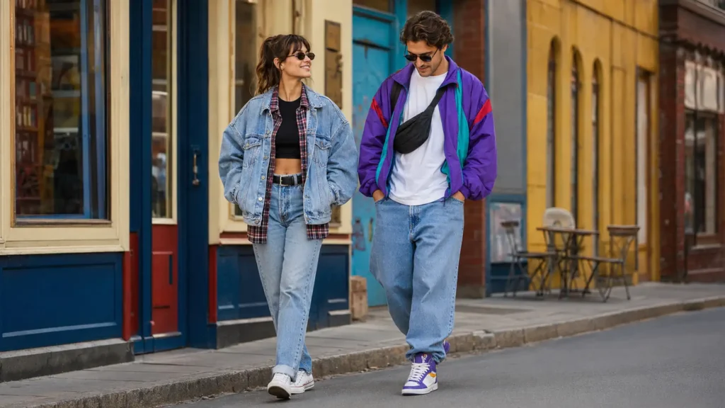 Homme et femme portant un look années 90 coloré avec jeans amples et vestes oversize.