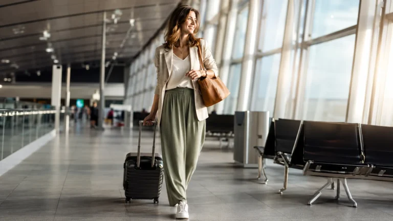 Femme portant un look voyage confortable et élégant dans un terminal d’aéroport.