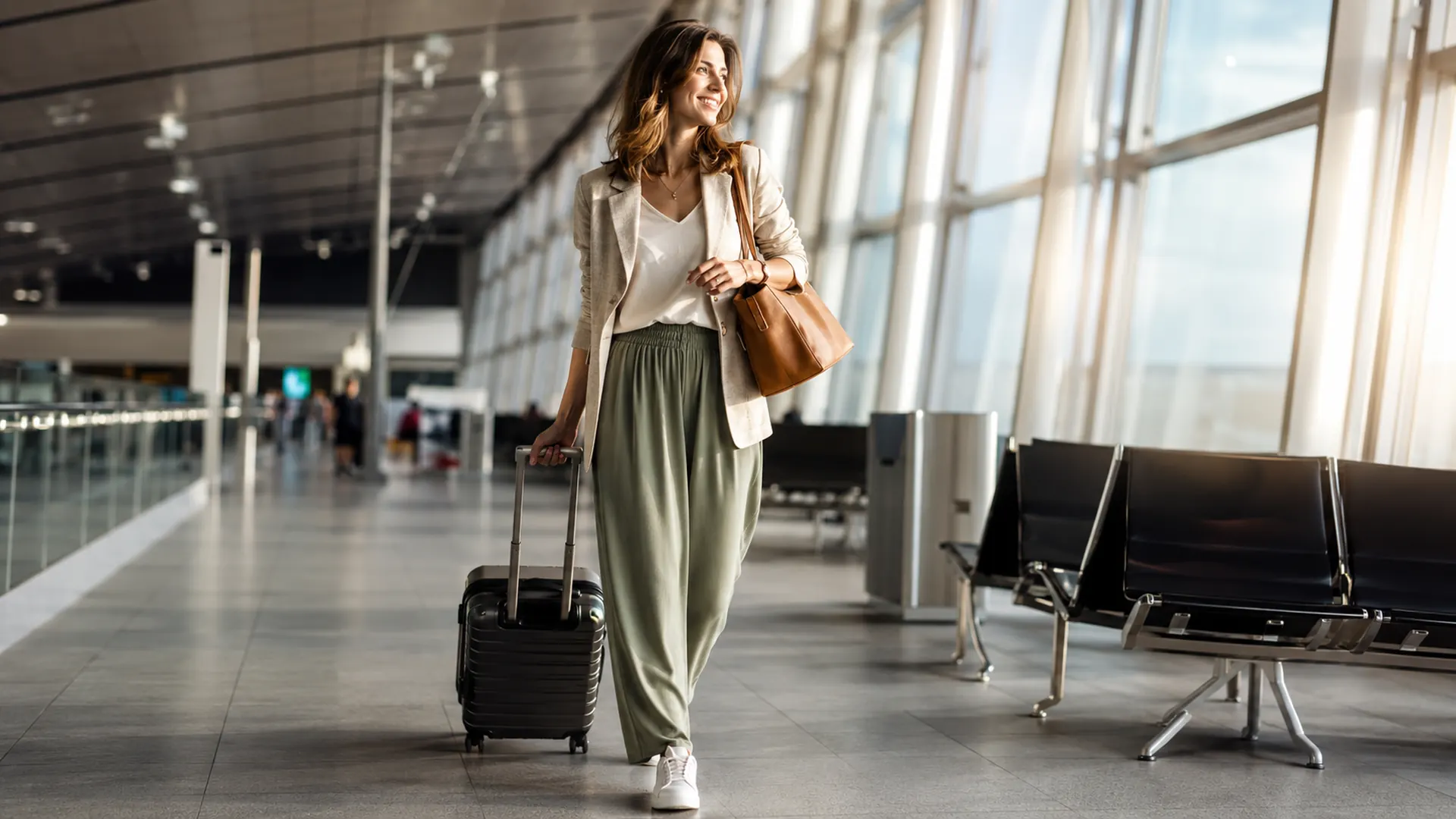 Femme portant un look voyage confortable et élégant dans un terminal d’aéroport.