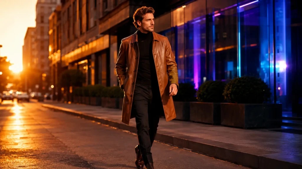 Homme élégant portant un manteau cuir long homme cognac dans une rue urbaine au coucher du soleil.