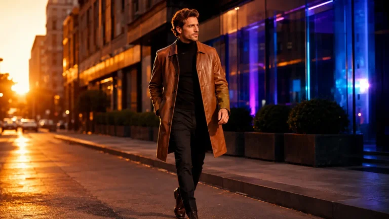 Homme élégant portant un manteau cuir long homme cognac dans une rue urbaine au coucher du soleil.