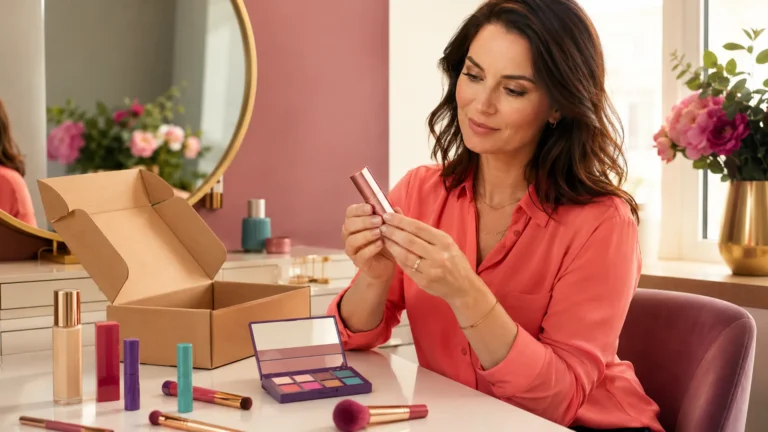 Femme découvrant une commande de maquillage pas cher Beauté Privée avec des cosmétiques colorés.