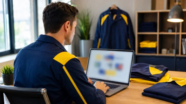 Agent consultant Mon espace habillement La Poste sur un ordinateur, entouré de vêtements professionnels bleu marine et jaune.