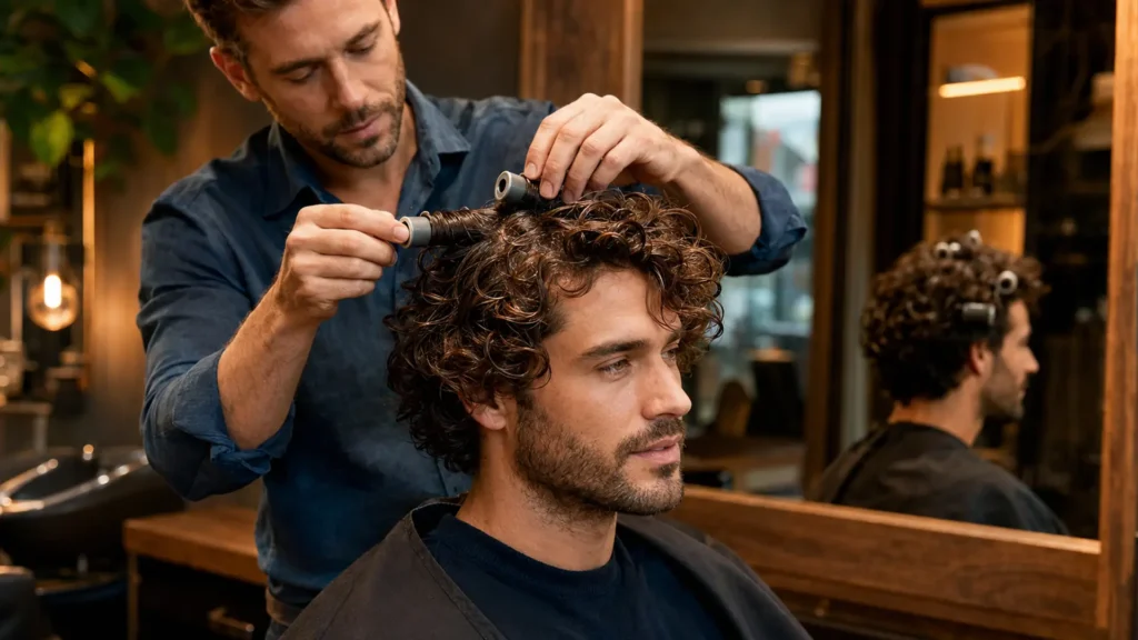 Coiffeur retirant les bigoudis d’une permanente homme aux boucles souples et naturelles.