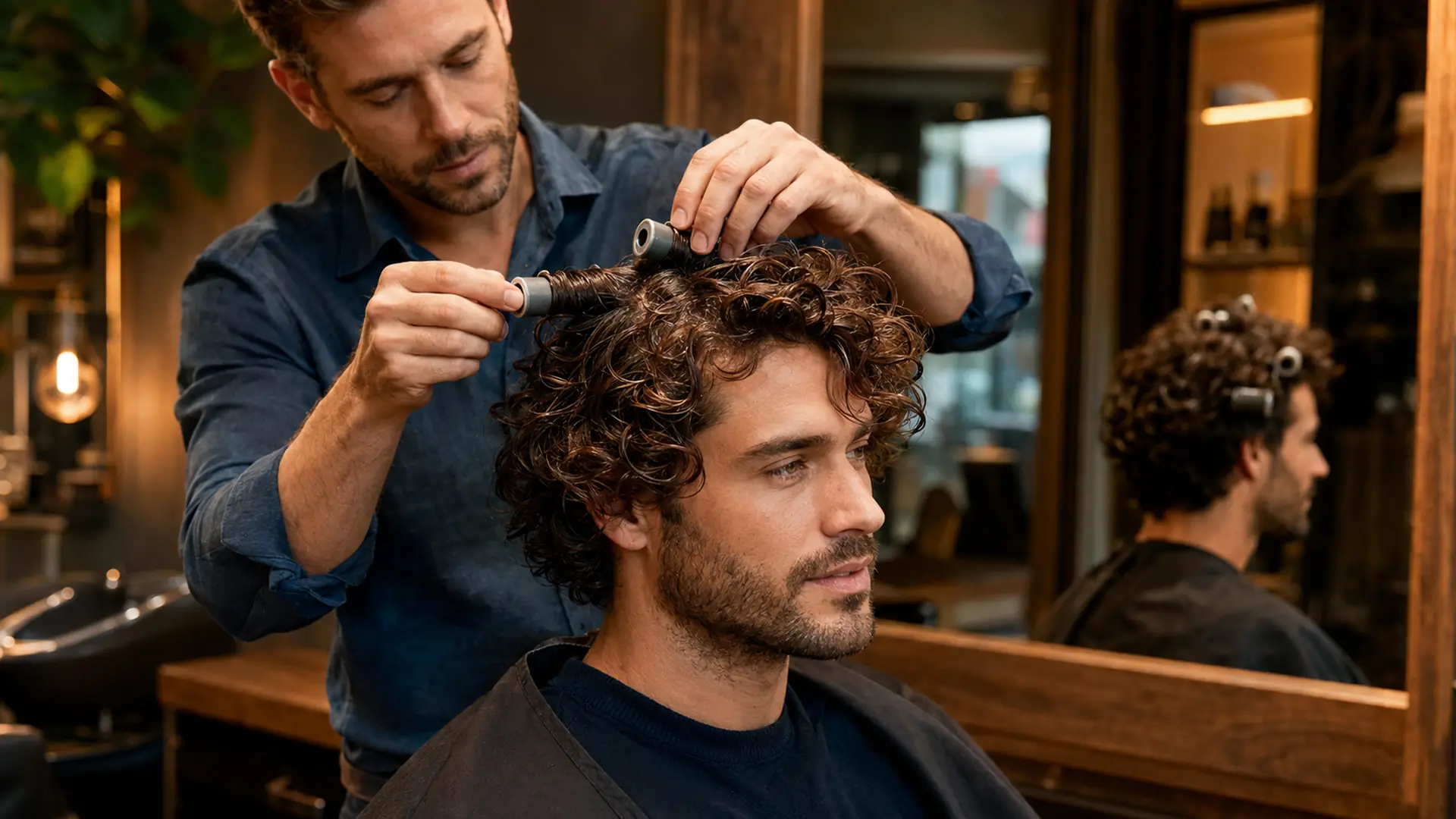 Coiffeur retirant les bigoudis d’une permanente homme aux boucles souples et naturelles.
