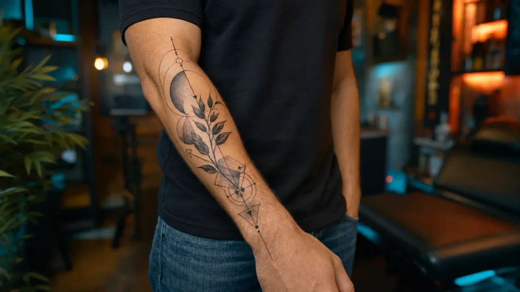 Homme présentant un tatouage avant-bras homme géométrique et végétal.