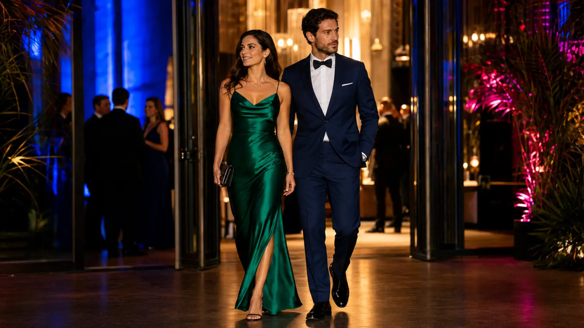Couple adulte en tenue de soirée élégante, avec robe longue émeraude et costume bleu nuit lors d’une réception chic.