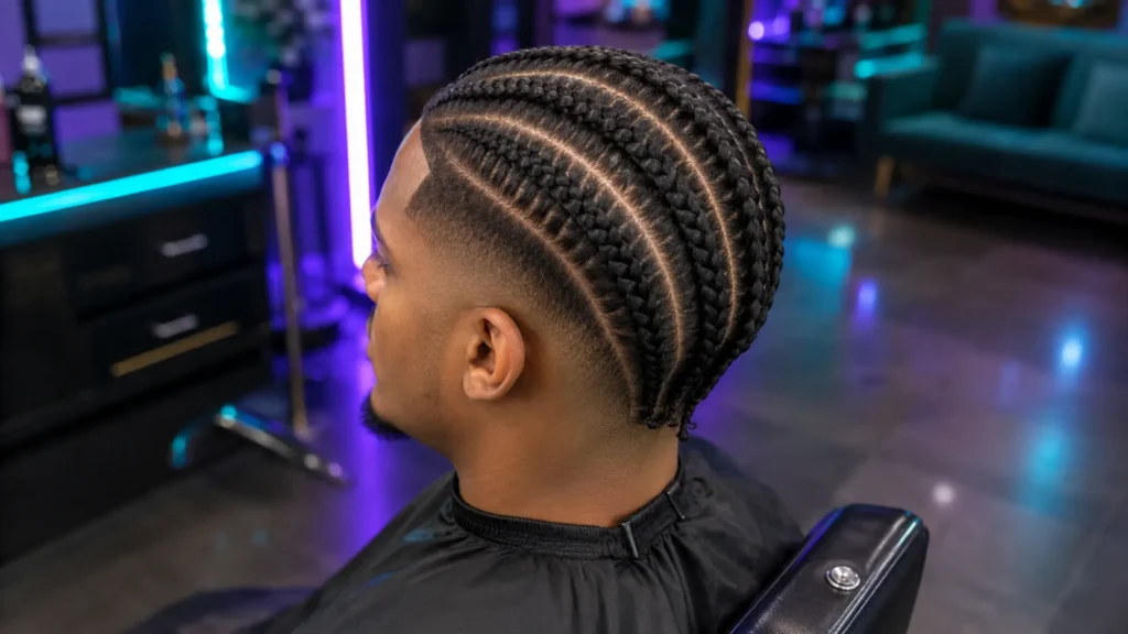 Homme portant une tresse collée homme avec motifs symétriques et dégradé.