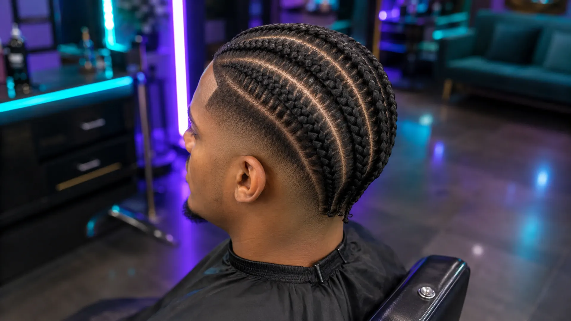 Homme portant une tresse collée homme avec motifs symétriques et dégradé.