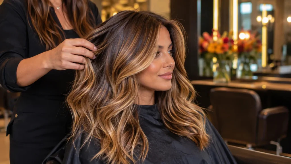 Femme avec un balayage miel lumineux aux reflets dorés dans un salon de coiffure