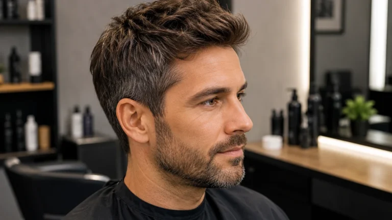 Homme avec une coloration masculine naturelle et des cheveux poivre et sel dans un salon de coiffure
