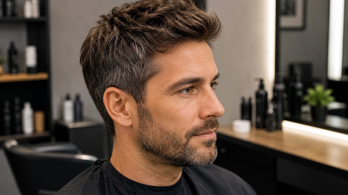 Homme avec une coloration masculine naturelle et des cheveux poivre et sel dans un salon de coiffure